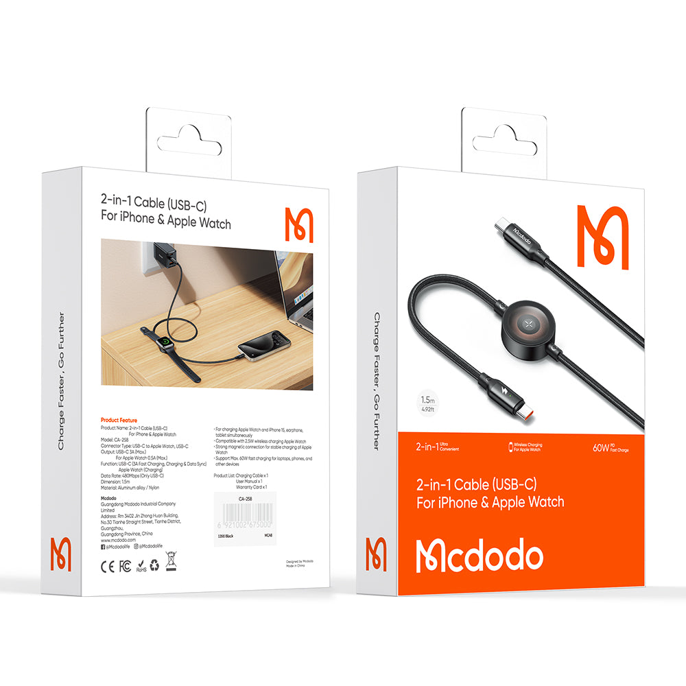 MCDODO 60W 2 in 1 USB-C to C PD Fast Charging Cable for Magnetic iWatch iPhone 1.5m