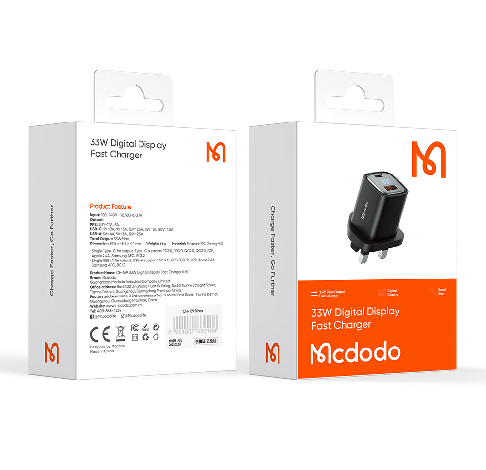 MCDODO 33W PD + QC Dual USB Wall Digital Display Charger