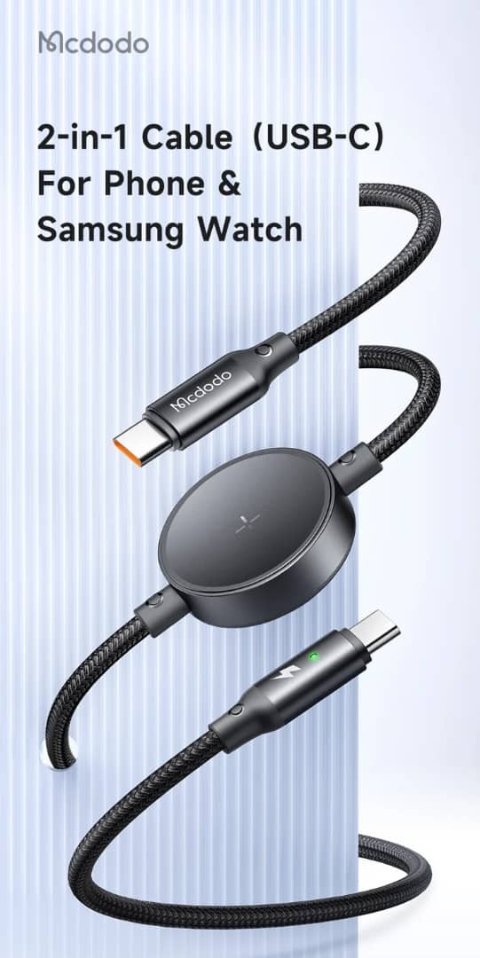 MCDODO 60W 2 in 1 USB-C to C PD Fast Charging Cable for Phone & Samsung Watch 1.5m