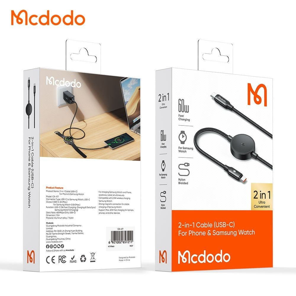 MCDODO 60W 2 in 1 USB-C to C PD Fast Charging Cable for Phone & Samsung Watch 1.5m